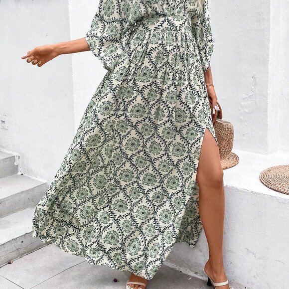 Multicolor Boho Women Full Print V-Neck Batwing Sleeve Side Slit Long Maxi Dress - Picture 5 of 5